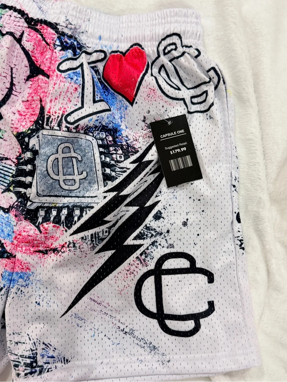 Graphic Mesh Shorts I ❤ CPR- White with Multicolor Print | NWT Large